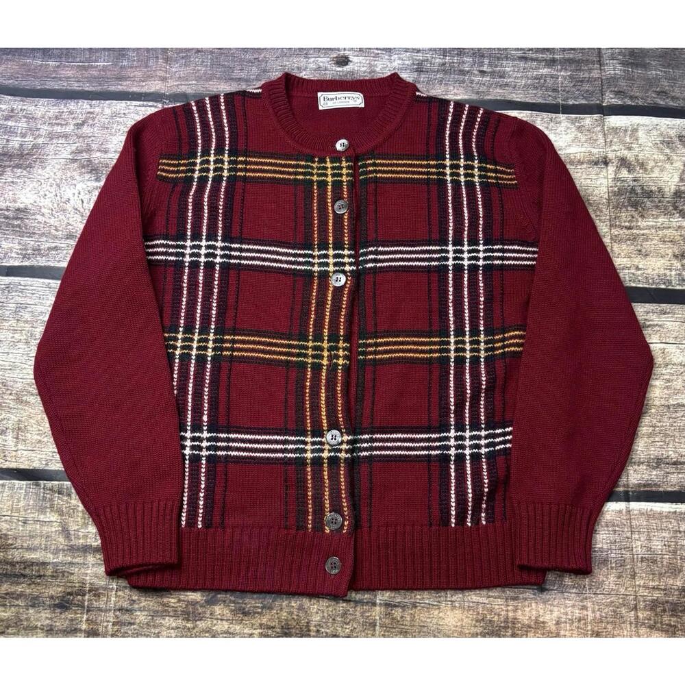 VTG Burberry Cardigan Sweater Womens 44 Medium Wool Blend Check Button Spain